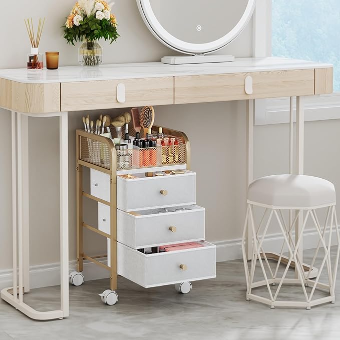 SWTYMIKI Rolling Makeup Organizer Cart - Under Desk Vanity Makeup Storage with 3 Non-woven Drawers, Nail Cart Organizer Cosmetic Display Cases Cabinet for Skin Care Perfume Nail Polish Brush Hair Tool