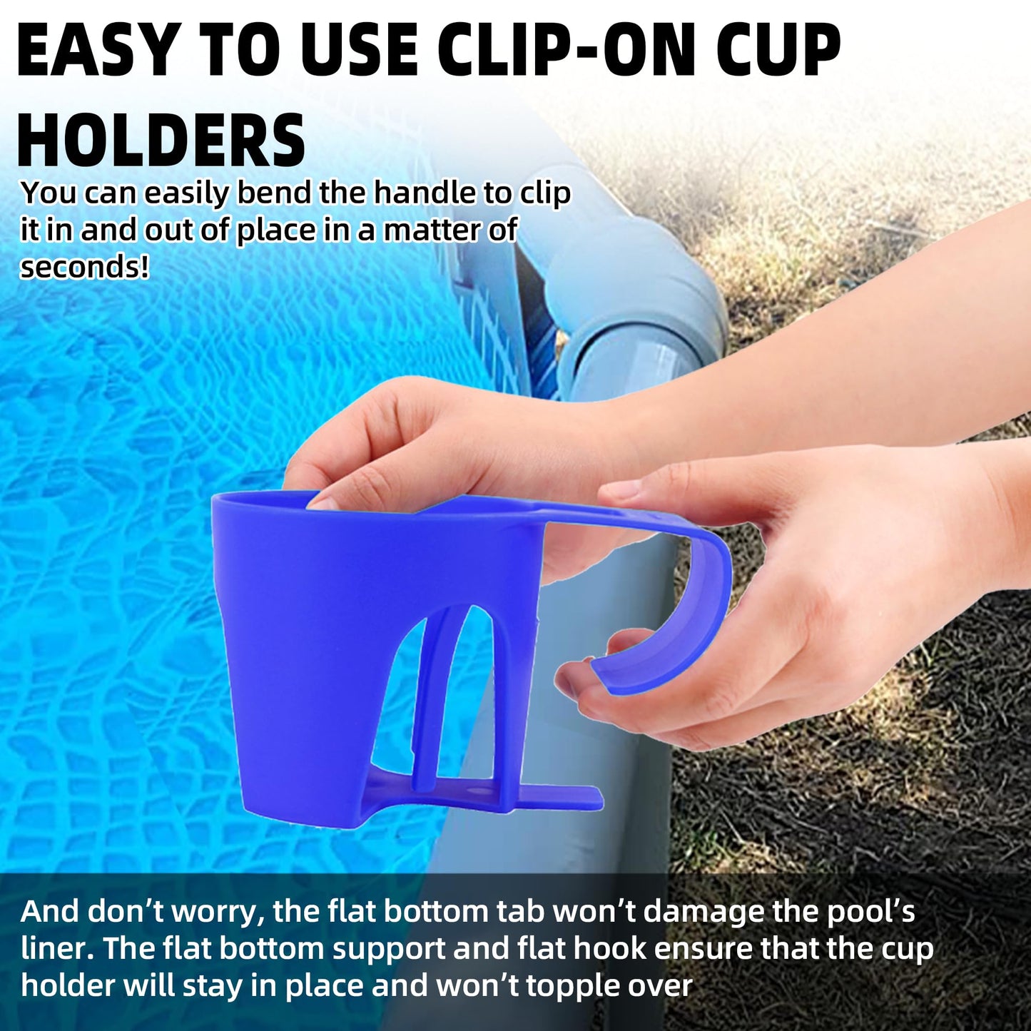 TonGass (6-Pack, Blue) Poolside Cup Holders Compatible with Above Ground Pools with 2 Inches or Thinner Round Top Bars - Strong and Durable Easy to Use Clip-On No-Spill Cup Holders