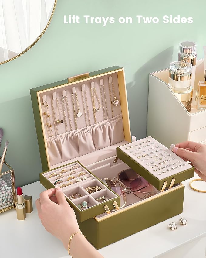 Lolalet Jewelry Box Organizer for Women Girls, 2 Layer Jewelry Organizers and Storage for Necklace Earrings Rings Bracelets, Large Jewellery Holder Case Birthday Valentine Gifts -Olive Green