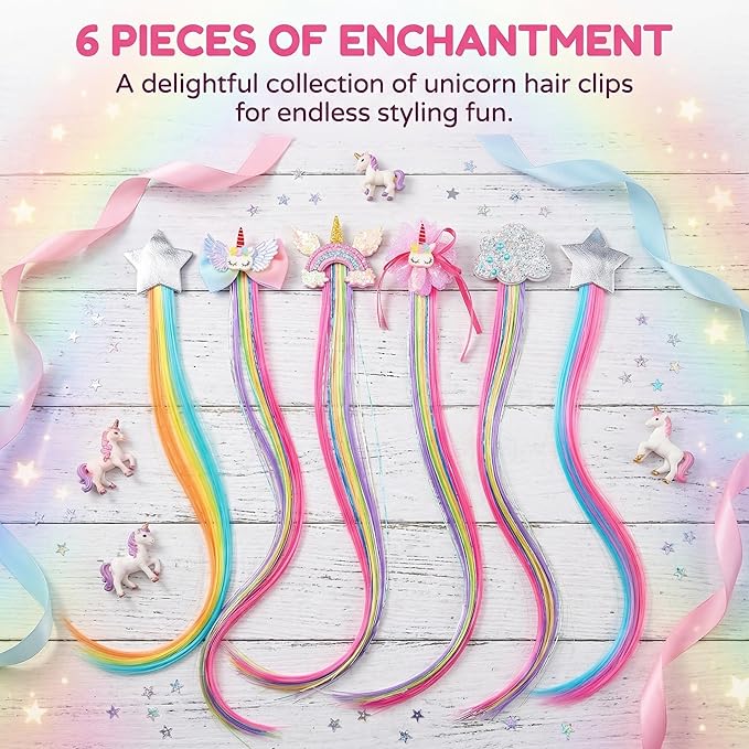 Little World Hair Clips for Girls, 6 Pcs Rainbow Hair Extensions, Unicorn Hair Clips for Girls Toddler Kids Ponytails, Hand-made Cute Glitter Hair Accessories