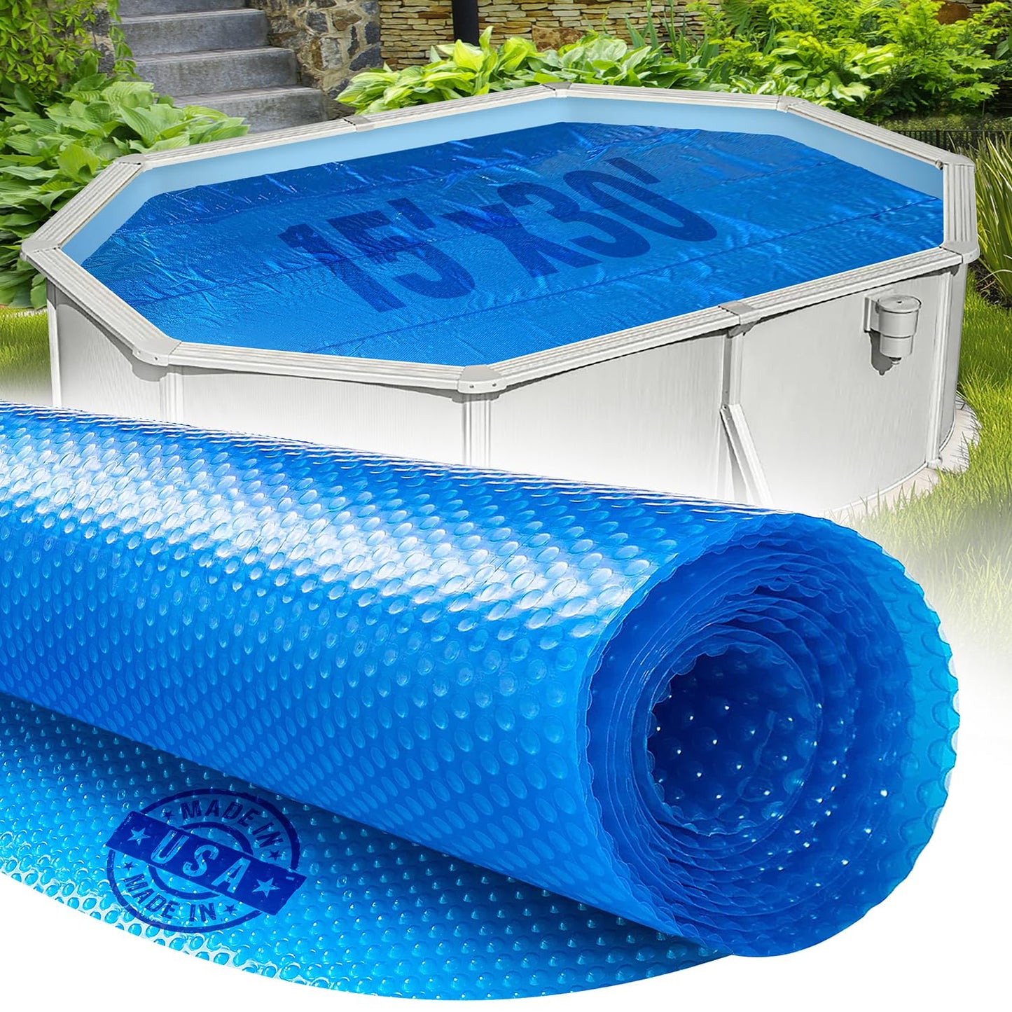 15' x 30' Oval Solar Cover for Inground and Above Ground Pools, 12 Mil - Premium Heavy Duty Solar Blanket for Above Ground Pool, Blue - Made in USA
