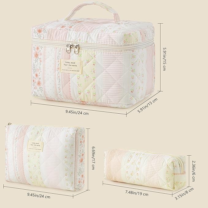 HBselect Quilted Makeup Bag, 3PCS Cotton Large Travel Makeup Bag, Cute Floral Coquette Make up Bag Cosmetic Bag Toiletry Bag for Women Girls