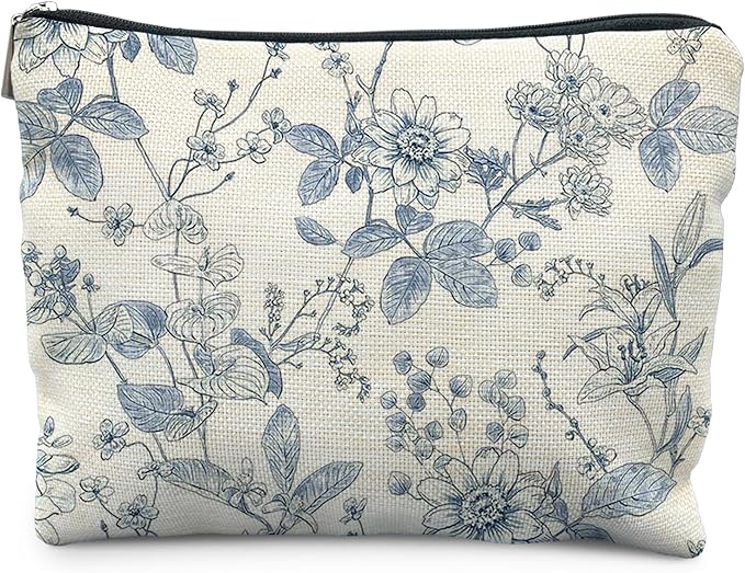 Vintage Blue Floral Makeup Bag, Chinoiserie Blue and White Floral Cosmetic Bags for Women, Retro Flower Botanical Zipper Makeup Pouch
