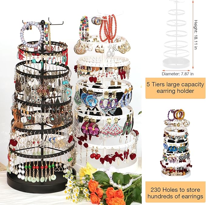 6 Tier Rotating Jewelry Organizer Stand, 230 Holes Earring Holder Organizer for Women Girls, Spinning Earring Tree with Ring Holder, Wide Base for Bracelets Watches Lipstick