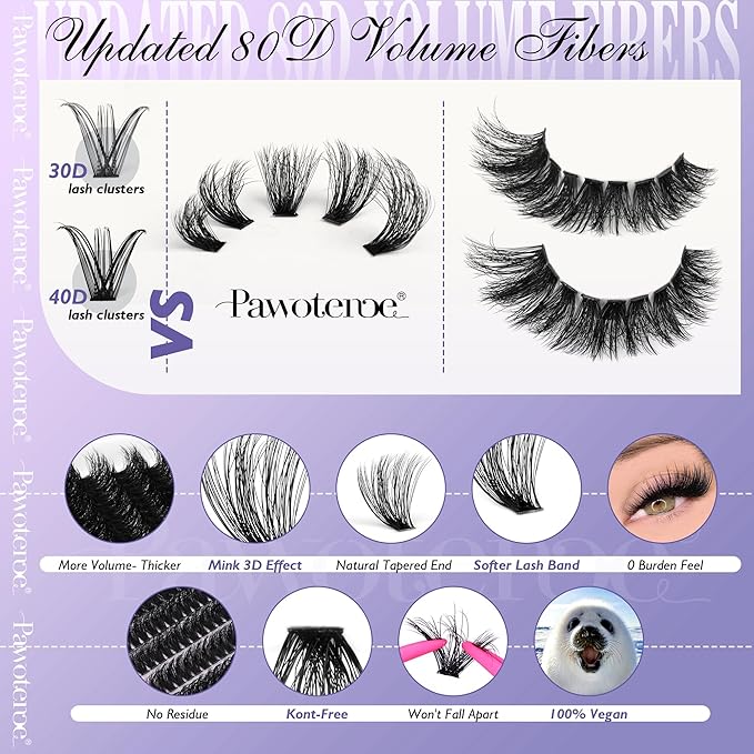 Lash Extension Kit Lash Clusters 80D Full DIY Cluster Eyelash Extension Kit 10-20mm Individual Lashes Mink with Lash Bond and Seal, Lash Tweezers for Self Application (Mink 80D,10-20mm, Kit)