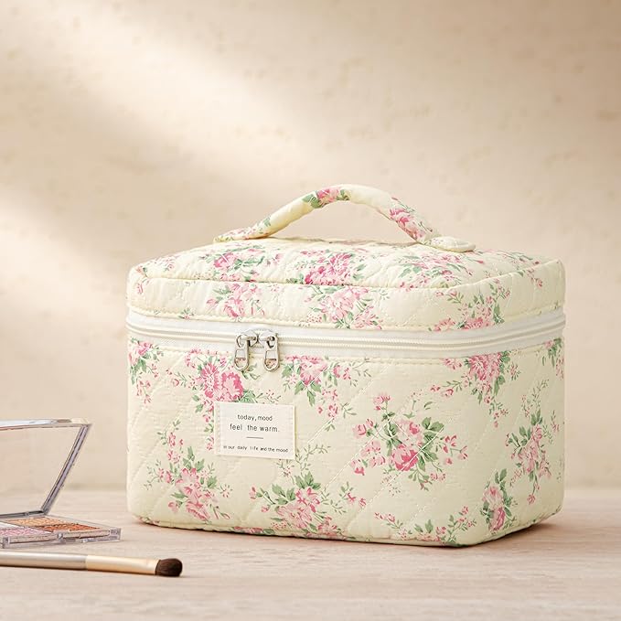 HBselect Quilted Makeup Bag, 3PCS Cotton Large Travel Makeup Bag, Cute Floral Coquette Make up Bag Cosmetic Bag Toiletry Bag for Women Girls