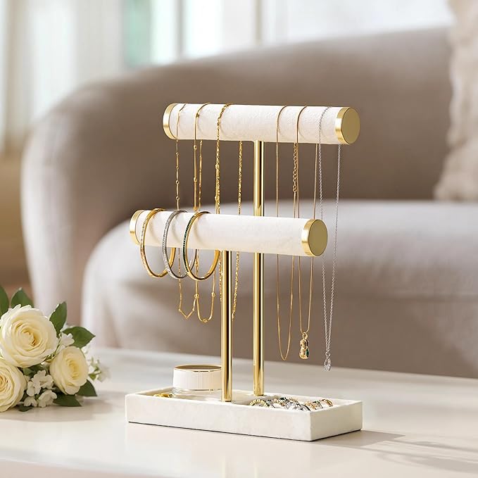 2 Tier Bracelet Holder Display - Detachable T Bar Beige Velvet Bracelet Holder, Jewelry Holder Organizer for Bracelet, Necklace, Earrings, Rings