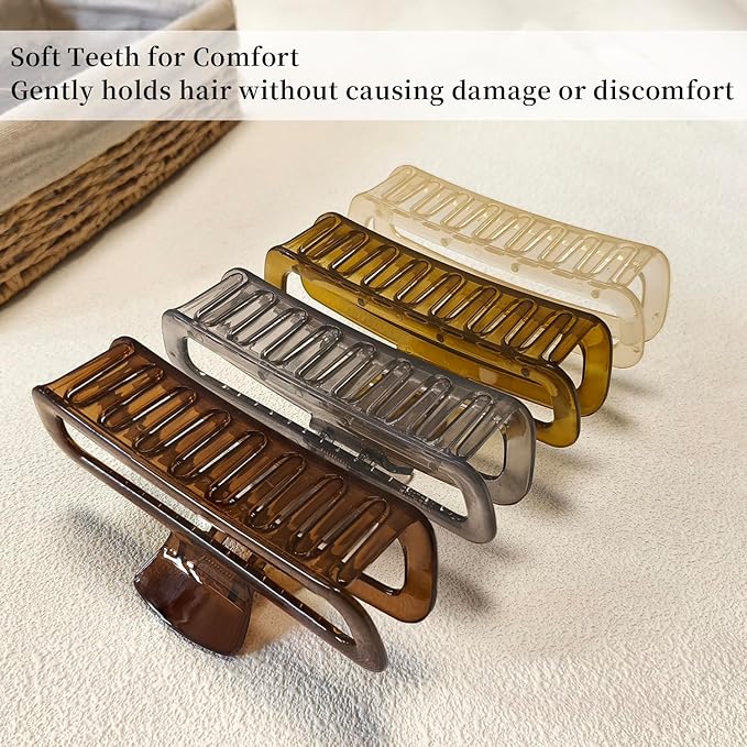 5 Inch Large Hair Claw Clips, No Slip Glossy Jelly Square XL Clips for Thick Long Curly Hair, Women's Big Rectangle Strong Clips, 4 Pack