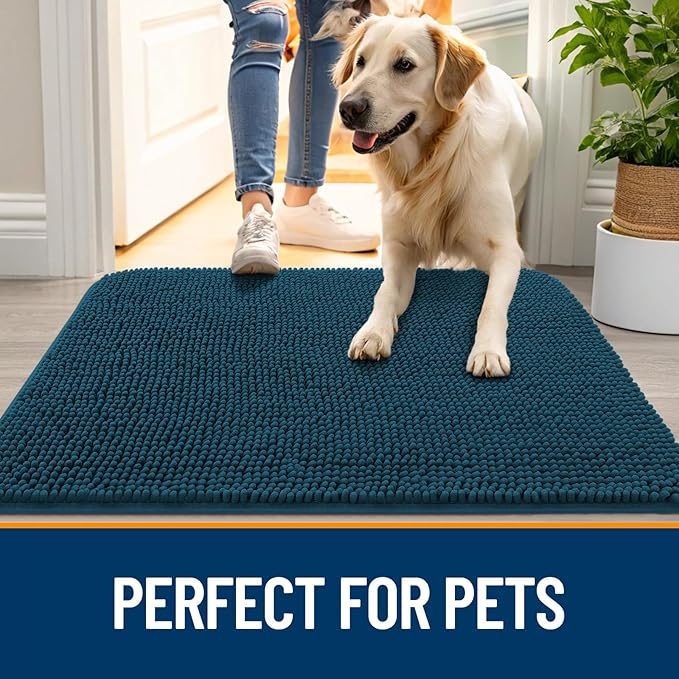 OLANLY Dog Door Mat for Muddy Paws 32x20, Absorbs Moisture and Dirt, Absorbent Non-Slip Washable Doormat, Quick Dry Chenille Mud Mat, Entry Indoor Entryway Carpet for Inside Floor, Atlantic Blue