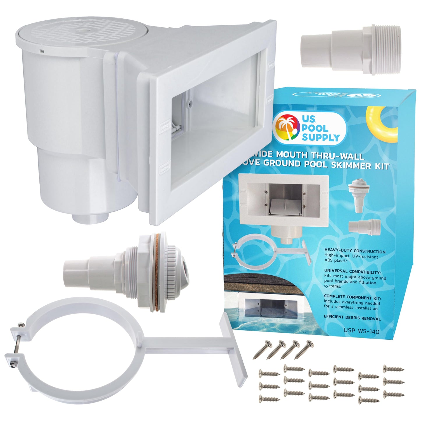 U.S. Pool Supply Wide Mouth Thru-Wall Above Ground Pool Skimmer Kit - ABS Construction, Complete Universal Set, Return Fitting, Vacuum Plate, Leaf Basket - Replacement Compatible with SP1091WM Skimmer