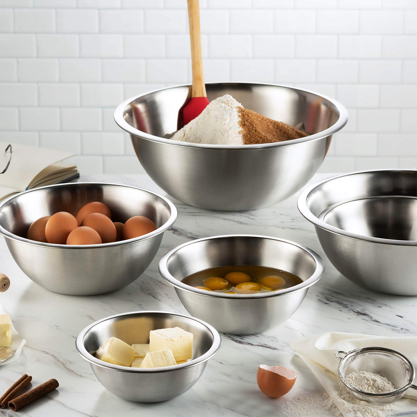 FineDine Stainless Steel Mixing Bowls Set, Dishwasher Safe, Up To 8 Quart Metal Mixing Bowls For Kitchen, Nesting, Large, Small, Big Food Prep, Cooking, Baking