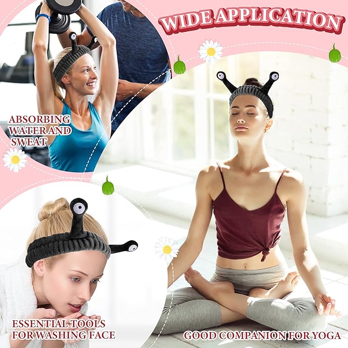 Face Wash Headband, Palm and Snail Spa Hair Bands Makeup Headbands Women Cartoon Cute Coral Fleece Elastic Headband Creative Hair Accessories for Washing Face Shower Sports (Black)