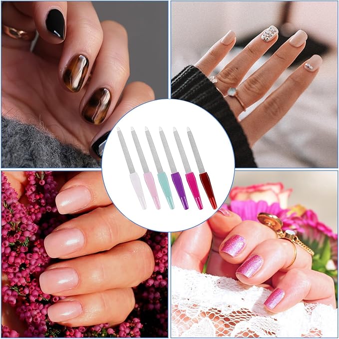 Nail Files for Natural Nails (6 PCs), Metal Nail Files Made of Stainless Steel with Sharp Pointed Tip Non Slip Handle, Double Sided Fingernail Files Sapphire Grit for Natural Nails Toenail Color Mix