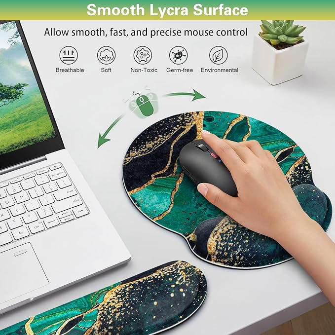 Mouse Pad Green with Wrist Rest Set, 3-in-1 Wrist Support Mousepad Set, Gaming Mat Pad with Anti-Skid Base,Ergonomic Mouse Pad,Memory Foam Gel Wrist Rest for Computer Keyboard
