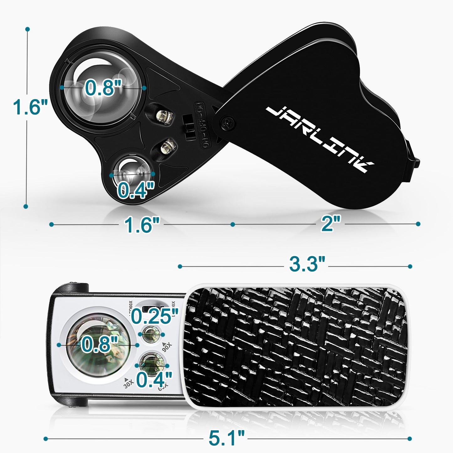 JARLINK 3 Pack Jewelers Loupe, 30X 60X 90X Illuminated Jewelers Eye Magnifier and Magnifying Glass Loop with UV Black Light and Bright LED Light for Gems, Jewelry, Diamond, Coins, Stamps
