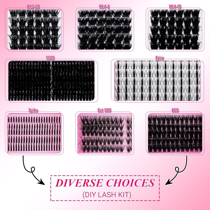 Lash Clusters Kit Eyelash Clusters Kit 3D Effect Cluster Eyelash Extensions Large Pack Spike Lash Extension PestaÃÂ±as Postizas Naturales+Lash Bond&Seal,Remover,Tweezers,headband,wristband(Lash Kit-6)