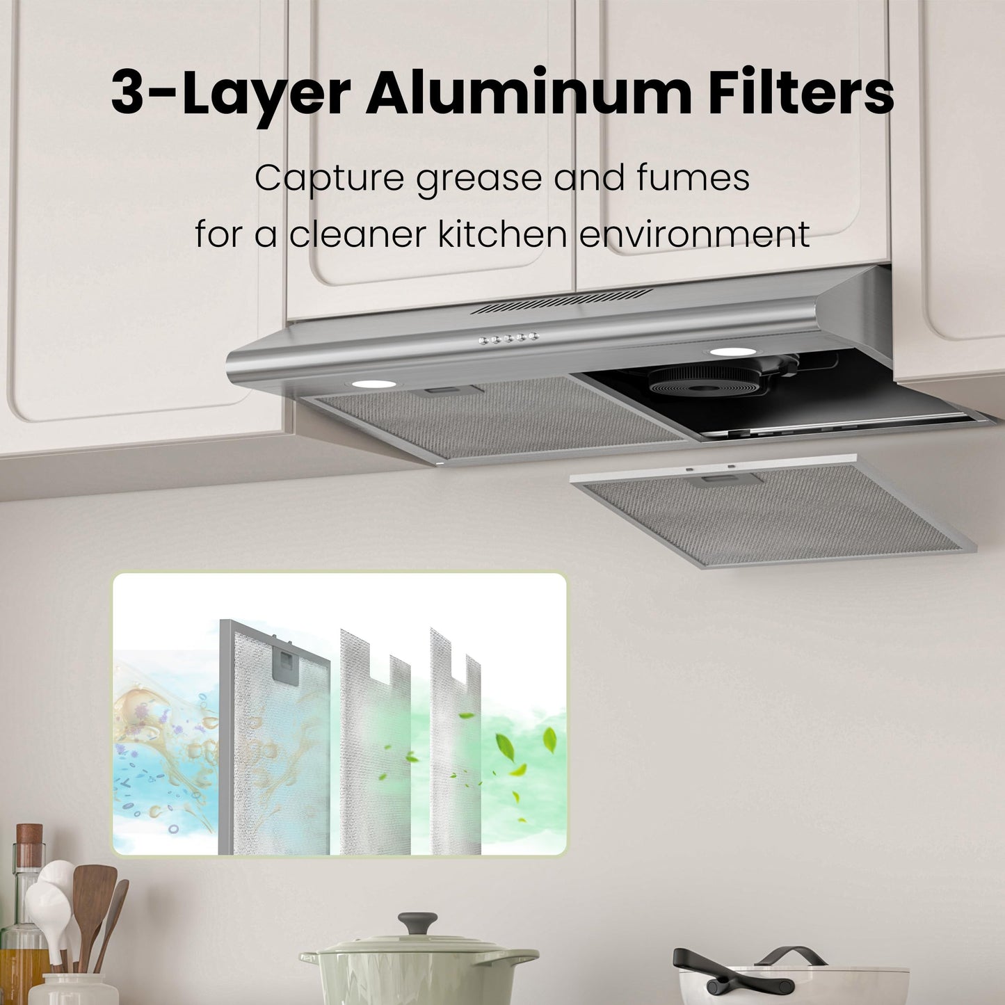 FIREGAS Under Cabinet Range Hood 30 inch, Ducted/Ductless Convertible Kitchen Hood Over Stove Vent, LED Light, 3 Speed Exhaust Fan, Reusable Aluminum Filters, Push Button, with Charcoal Filter