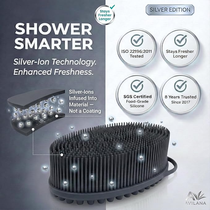 Avilana Silver Edition Body Scrubber - Silver-Ion Infused Silicone Shower Brush, ISO Tested Dual Sided, Stays Fresher Longer, SGS Certified Gentle Exfoliating Loofah Alternative Sensitive Skin Women