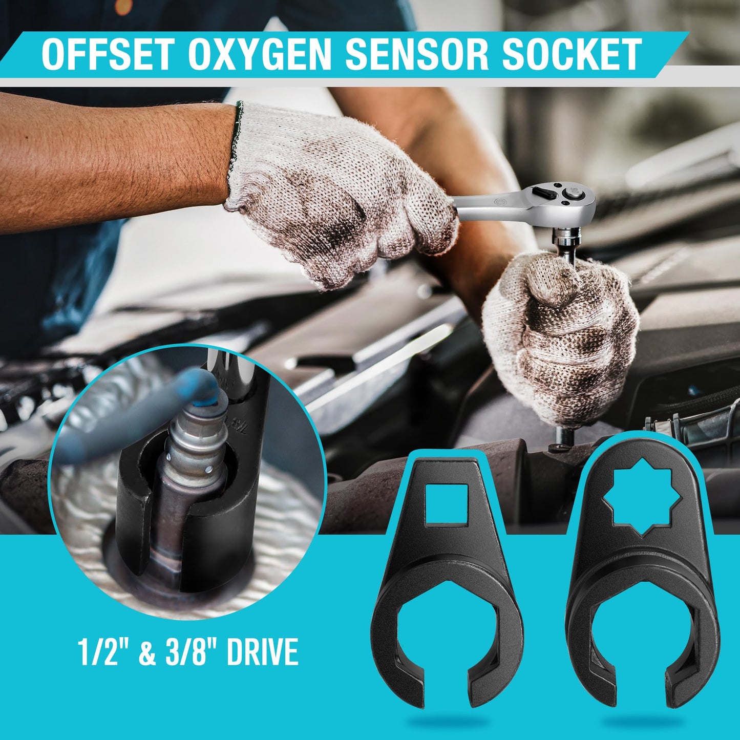 DURATECH 5PCS O2 Oxygen Sensor Socket Thread Chaser Set, 3/8" 1/2" Drive x 7/8" 22mm Oxygen Sensor Remover O2 Sensor Removal Tool Kit
