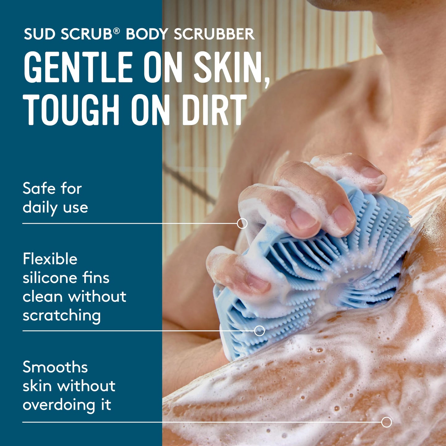 Sud Scrub® Antimicrobial Silicone Body Scrubber, Exfoliating Body Brush for Sensitive Skin, Antibacterial Shower Scrubber for Body, Bathroom Essentials for Men & Women, Blue