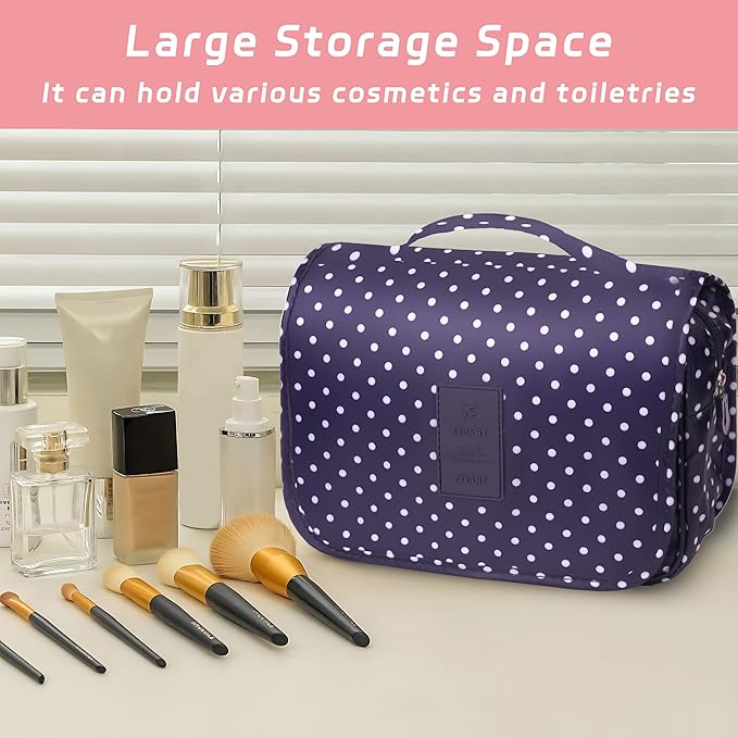 Toiletry Bag Travel Bag with Hanging Hook, Waterproof Capacity Hanging Multifunctional Makeup Bag for Toiletries, Portable Cosmetic Bag Travel Organizer for Women and Men(Navy Dot)