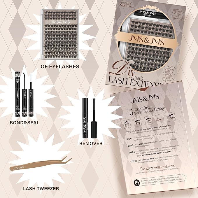 JMS&JMS Lash Clusters Kit Lash Lift Kit Wispy Fluffy Lash Clusters with Lash Bond and Seal Eyelash Applictor Lash Remover Lash Extension Kit for Beginner (JMS04-D-8-18Mix)