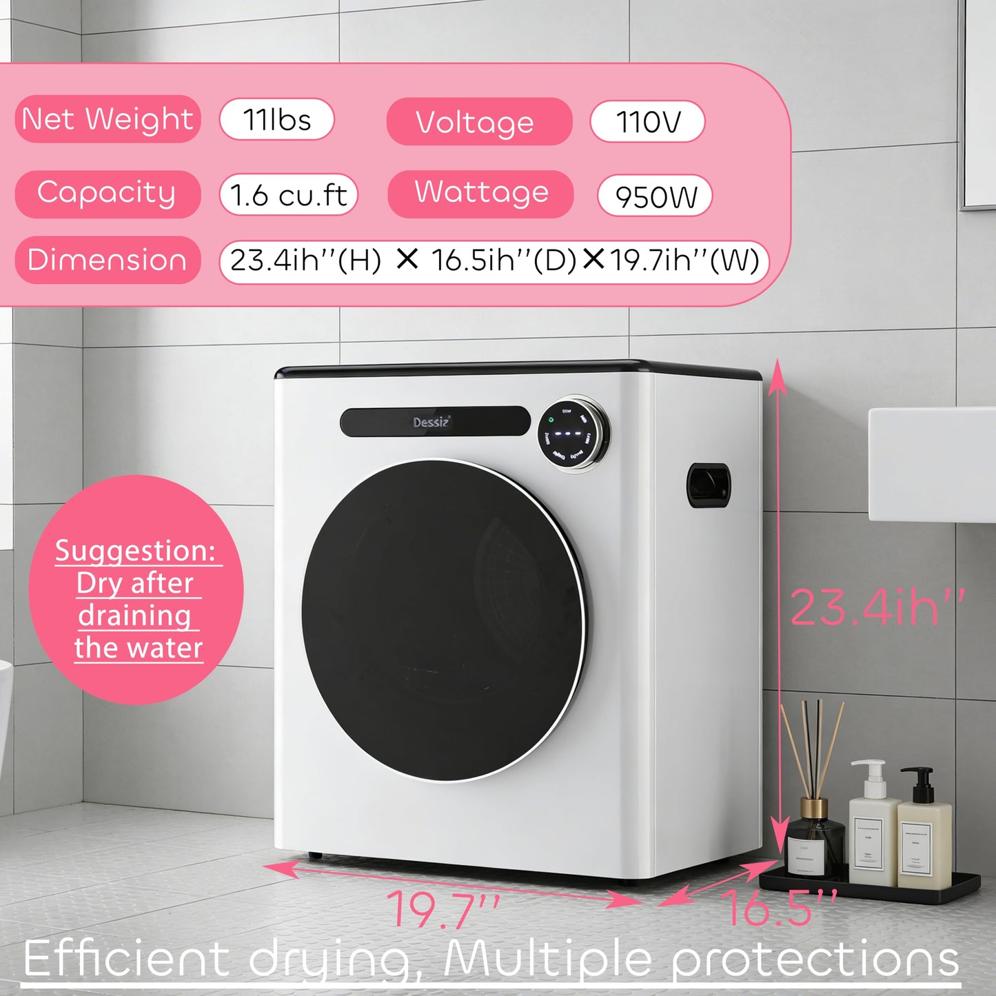 Dessiz 110V Clothes Dryers 950W Compact Dryer 1.6cu.ft Front Load Stainless Steel 11lbs Electric Dryers Machine with Exhaust pipe for Apartment,RVs,Dorms,Auto Stop and Easy Control