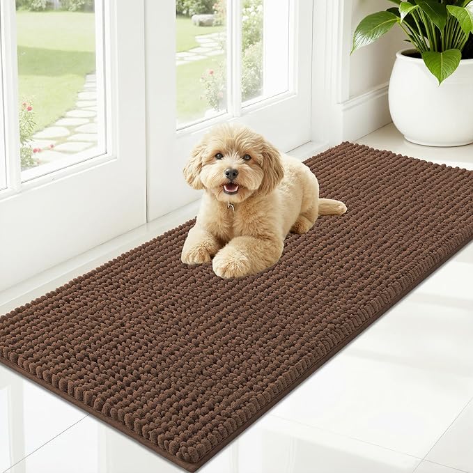 OLANLY Dog Door Mat for Muddy Paws 47x20, Ultra Absorbent Chenille Mud Doormat, Non-Slip Washable and Dirt Trapping Doormat for Indoor Entryway, Quick-Dry Indoor Pet Bed Mats for Dogs, Mocha