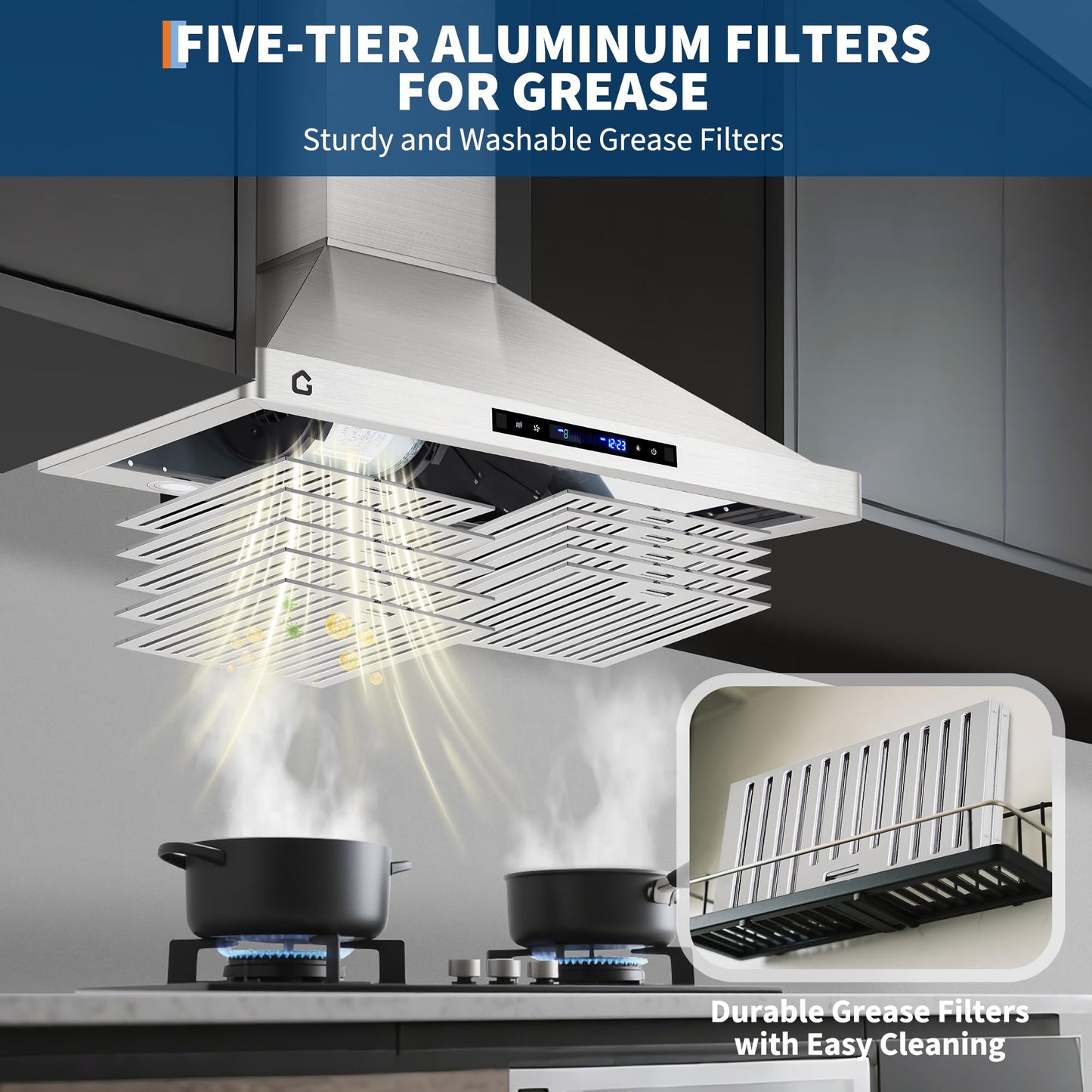 30 Inch Range Hood with 250 CFM Fan, Convertible Duct/Ductless Ventilation, Touch Panel & Remote Control, Quiet 3-Speed Fan, Convertible Duct Design, Dishwasher-Safe Filters
