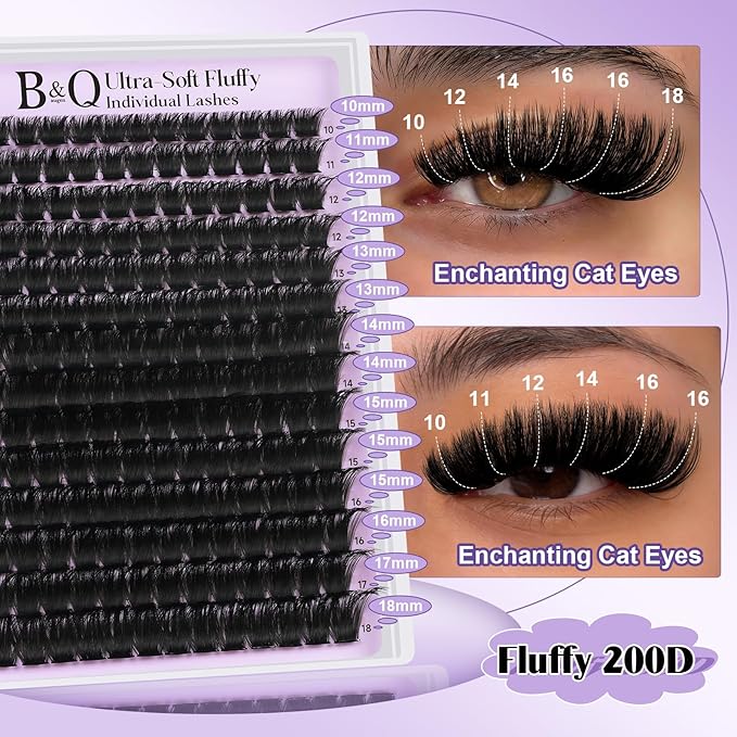 B&Q Fluffy Lash Clusters Thick 200D, Volume Eyelash Clusters 10-18mm, D Curl Cluster Eyelash Extensions, Supersoft Individual Lashes Wispy Cluster Lashes Dramatic Full Look Eyelash（200D）