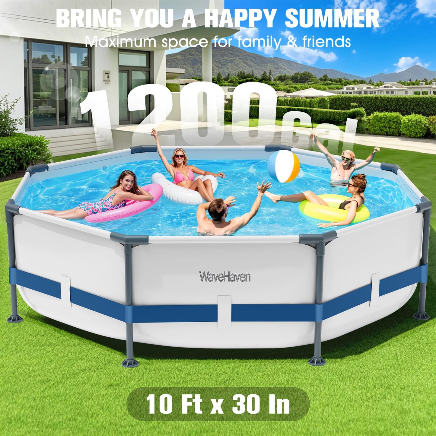 WaveHaven Above Ground Pool,10ft x 30in Frame Deep Swimming Pool,Round Family Pool,Large Above Ground Pool Easy Set,1200 Gallon Pool,Outdoor Backyard Pool for Kids,Adults-Deep Blue,Pump Not Included