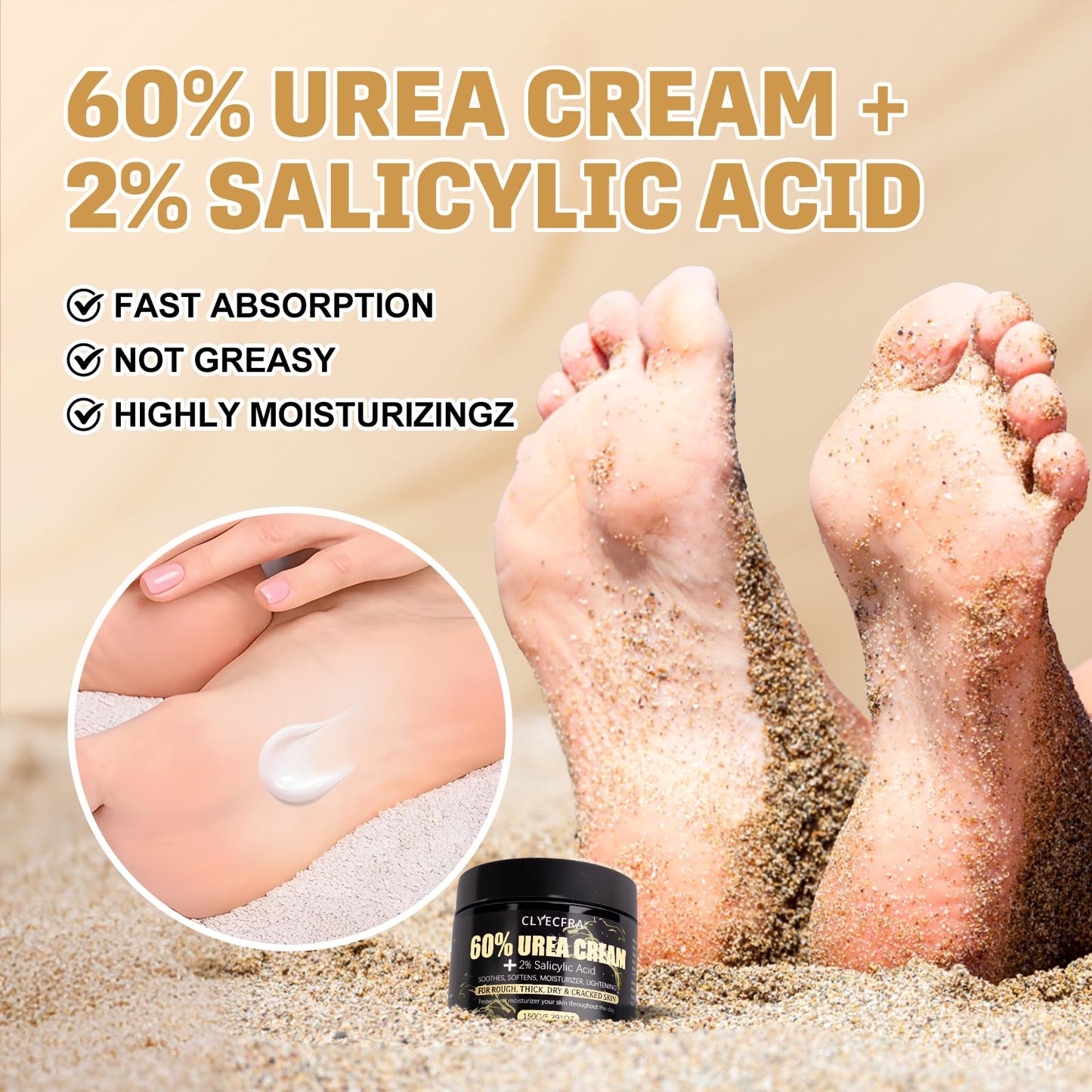 Clyecfra 60% Urea Cream with 2% Salicylic Acid, Urea Cream 60 Percent for Feet & Hands- Maximum Strength Moisturizer for Rough, Dry, Thick & Cracked Skin, Callus Remover, Deep Hydration, 150g