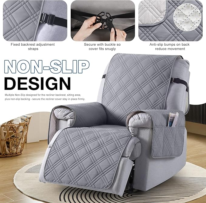 TAOCOCO 100% Waterproof Recliner Chair Covers, Non Slip Recliner Covers for Recliner Chair with Pocket, Washable Reclining Chair Cover Furniture Protector for Kids,Dogs(25'', Grey)