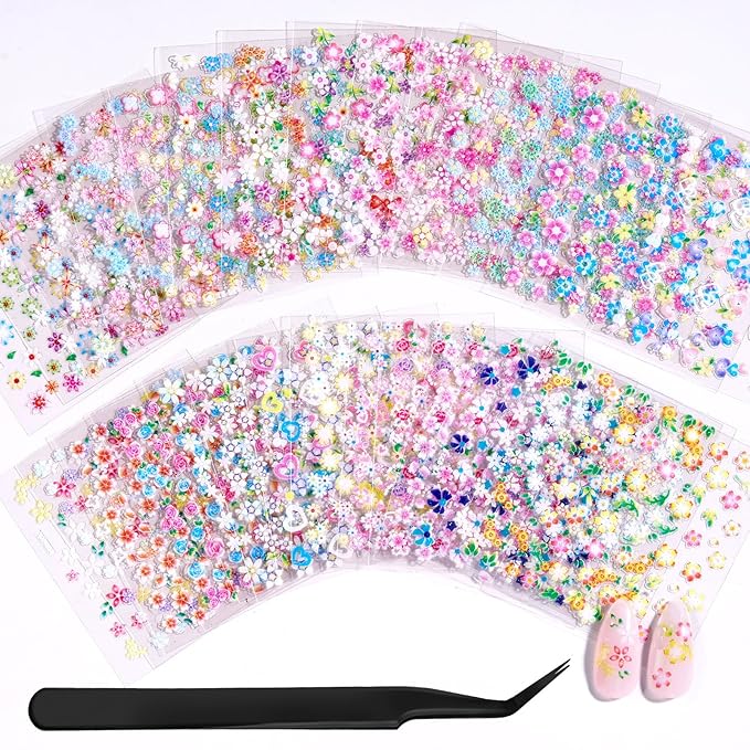 Beetles Nail Art Stickers 30 Sheets 3D Flower Nail Stickers Heart Nails Design Supplies DIY Decals for Decoration Nails Art for Women Girls