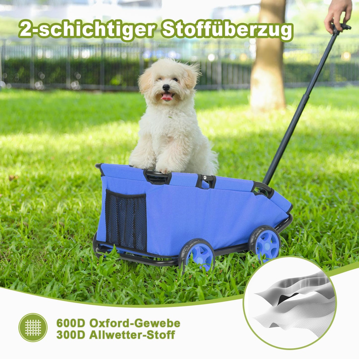 AESRAOU Mini Dog Strollers for Mini Pets, Foldable Multifunctional Shopping Carts with Extendable Pull Handle, Doggie Wagon Built-in Cushion and Safety Rope with Storage Bag (Blue)