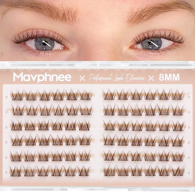 8MM Brown Lash Clusters Short Fluffy Individual Lashes with C Curl & Clear Band, Natural Look for Everyday Wear, Beginner-Friendly - Barely There & "No-Makeup" Makeup Essential
