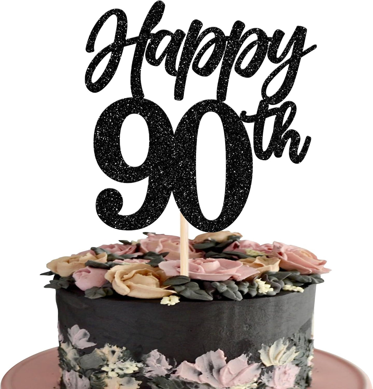 Rsstarxi 1 Pack Happy 90th Birthday Cake Topper Glitter Cheers to 90 Years Hello 90 Fabulous Cake Pick for Men Women Happy 90th Birthday Anniversary Party Cake Decorations Black