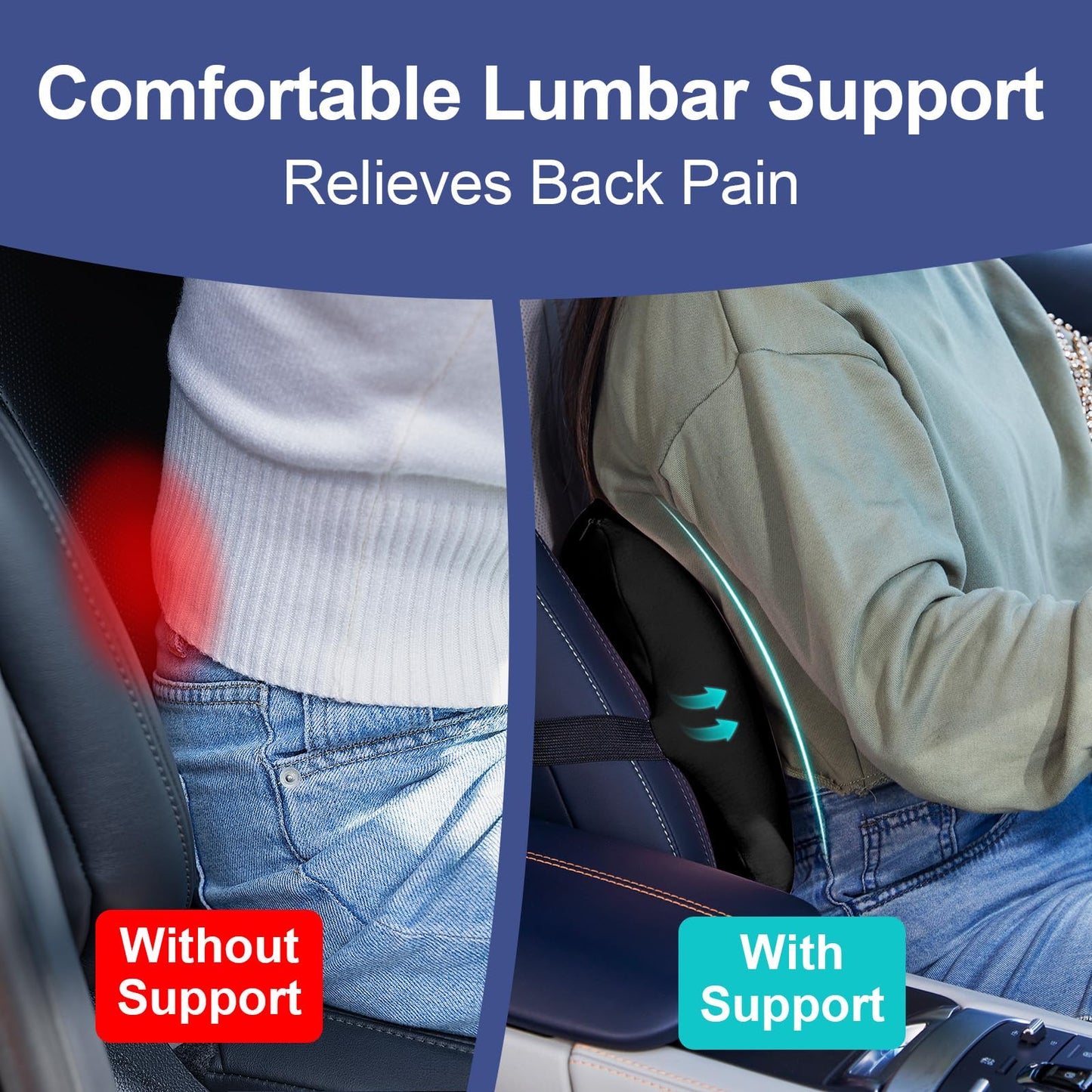 BYMECOST Lumbar Support Pillow for Car, Memory Foam Car Seat Back Support Pillow for Driving, Back Cushion with Strap for Pain Relief, Ergonomic Back Cushion for Office Chair, Wheelchair (A-Black)
