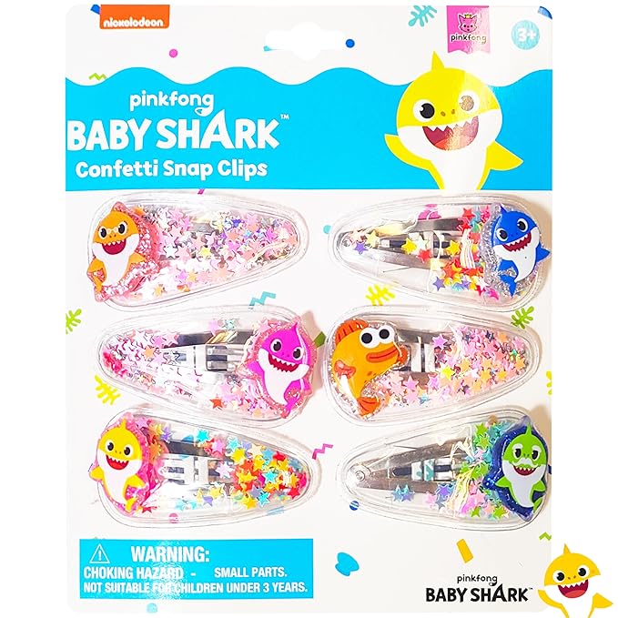 Baby Shark Hair Accessories For Girls, 6pc Cute Hair Clips with Favorite Babyshark Character Charms, Magical Confetti Slaps for Kids, Toddler, Ages 3+
