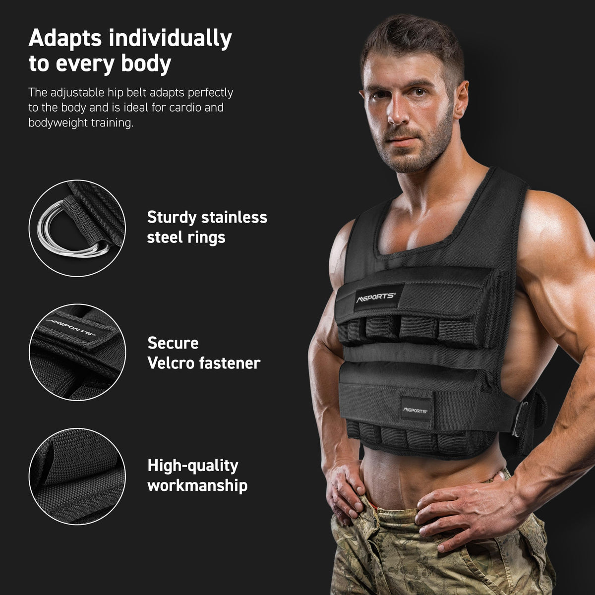 MSPORTS Premium Weighted Vest for Women & Men – Adjustable 11–65 lb, Running Vest, Walking Weighted Vest, Tactical Style Training Vest for CrossFit, Strength, Cardio & Home Workouts (Black, 11 lb)