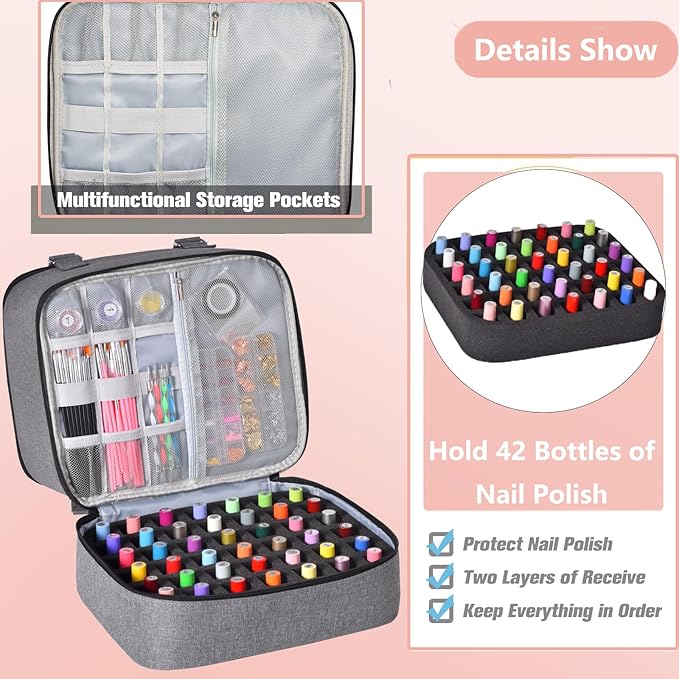 Nail Polish Organizer Case - Holds 42+ Bottles (15ml/0.5 fl.oz) and 1 Nail Lamp, Upgraded Double-layer Nail Polish Carrying Case Nail Polish Storage Bag with Handles (Grey)