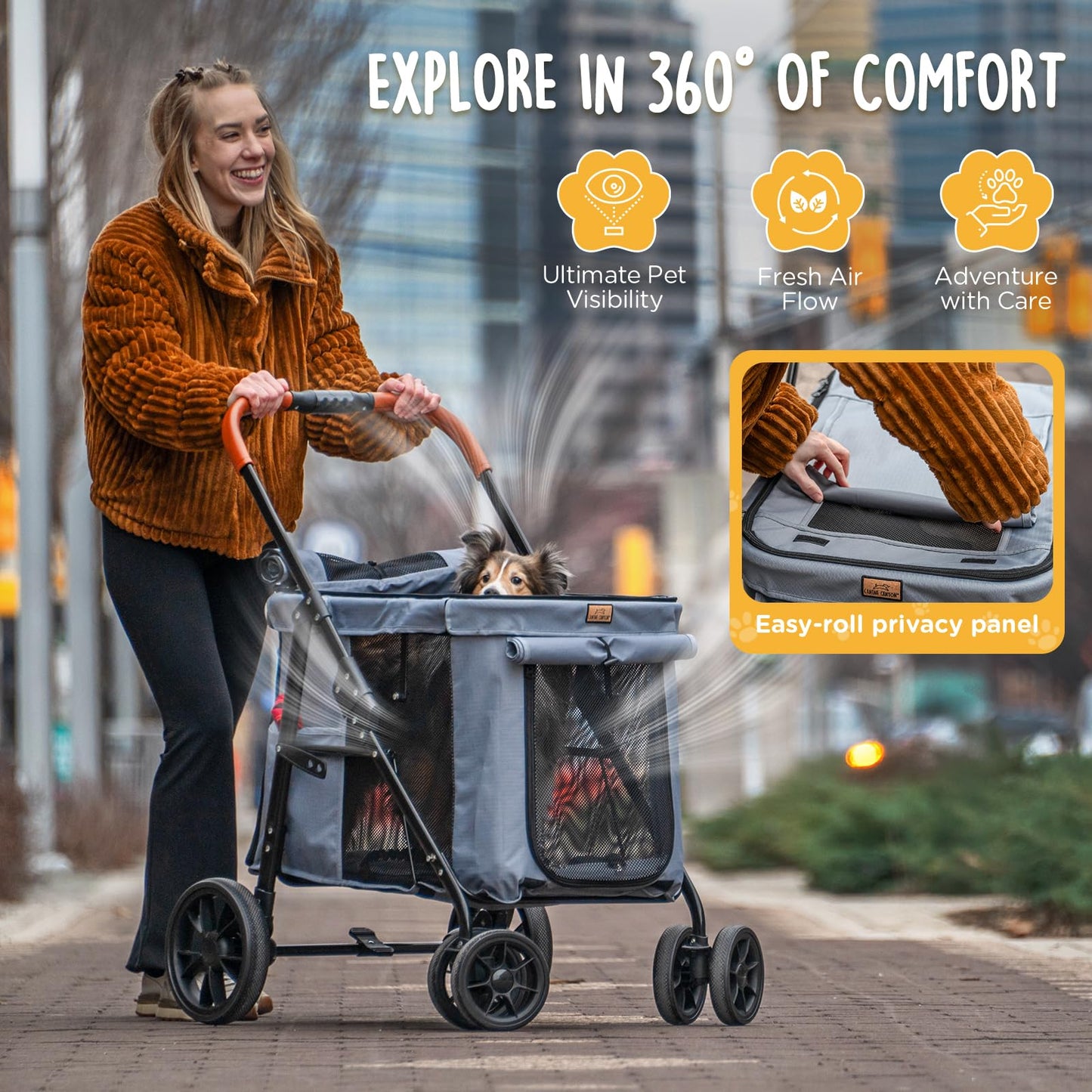 CANINE CANYON Scout Pet Stroller, Heavy Duty Dog Stroller for Large & Medium Dogs, Foldable Pet Stroller for 2 Dogs with All-Terrain Wheels, Storage Pocket & Cup Holder, 55 lbs Capacity, Grey