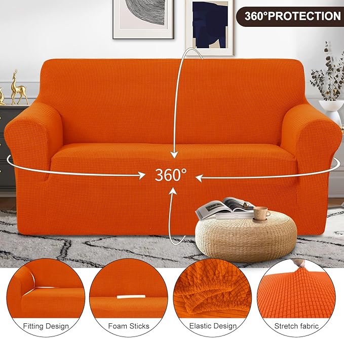 U-NICE HOME Oversized Stretch Loveseat Couch Cover Sofa Covers Washable Sofa Slipcover Furniture Protector for 2 Cushion Couch Sofa Pet Friendly, Orange