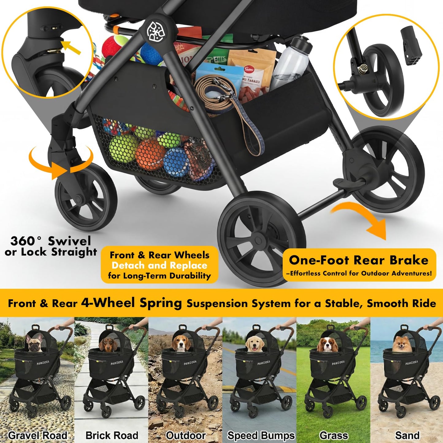 PAWZIDEA 4-in-1 Pet Stroller for Small Medium Dogs & Cats, Foldable Dog Stroller with Detachable Carrier, Escape-Proof No-Zip Canopy, Lightweight Portable Travel Crate & Car Seat Combo, Storage Basket