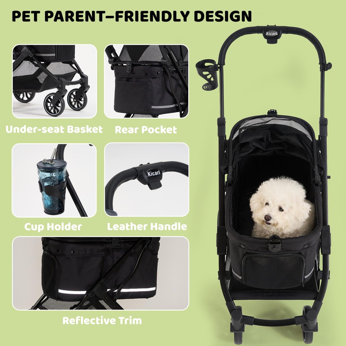 Kicari All-Terrain Dog Stroller for Small to Medium Dogs, Pet Stroller for Dogs & Cats Outdoor Walks, One-Hand Easy Fold, Double-Layer Anti-UV & Waterproof Canopy & Breathable Mesh, Samurai Black