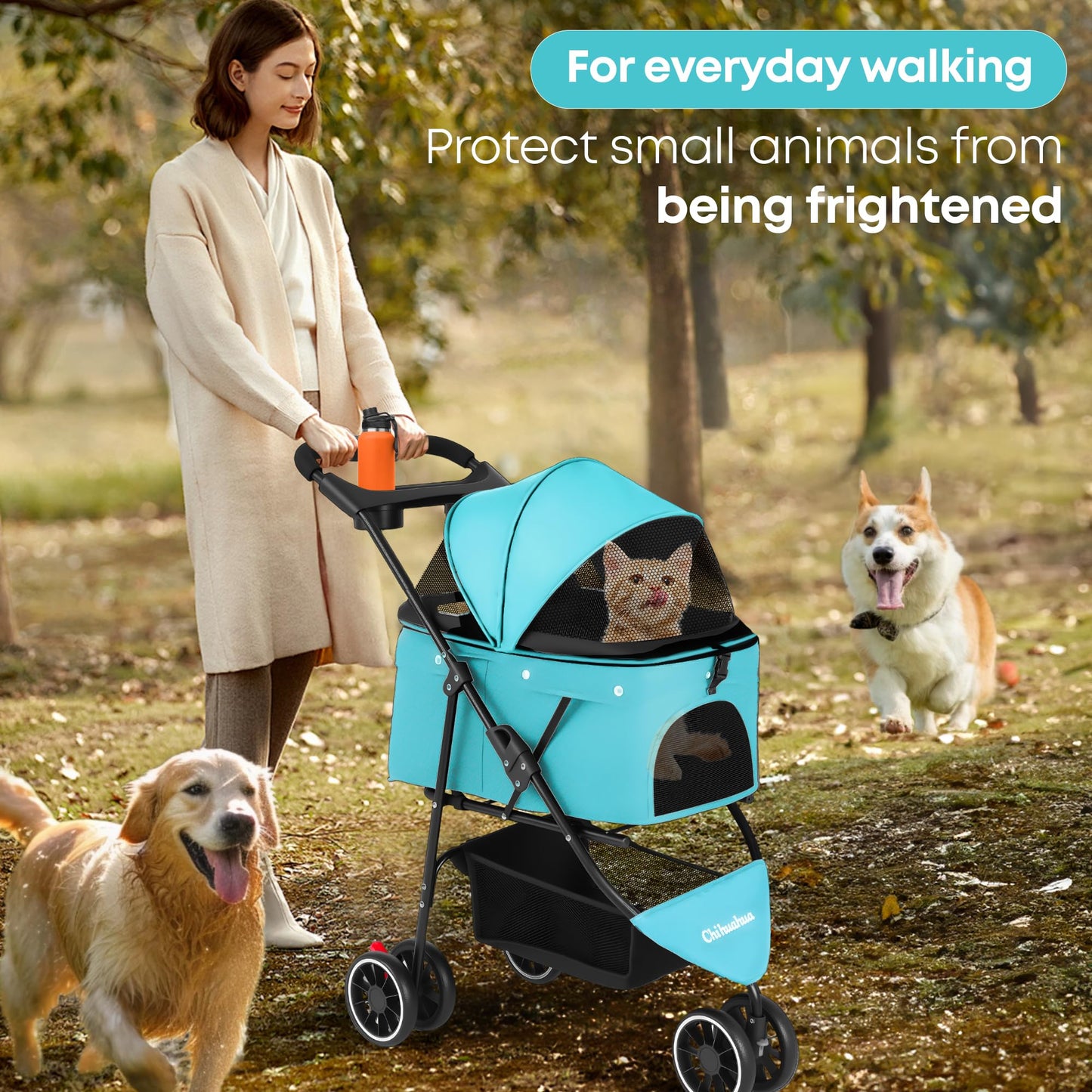 Pet Stroller,Dog Stroller for Small Medium Dogs Cats,3 Wheels,Foldable,with Breathable Mesh Canopy,Cup Holders,Easy Assembly,Mint Green