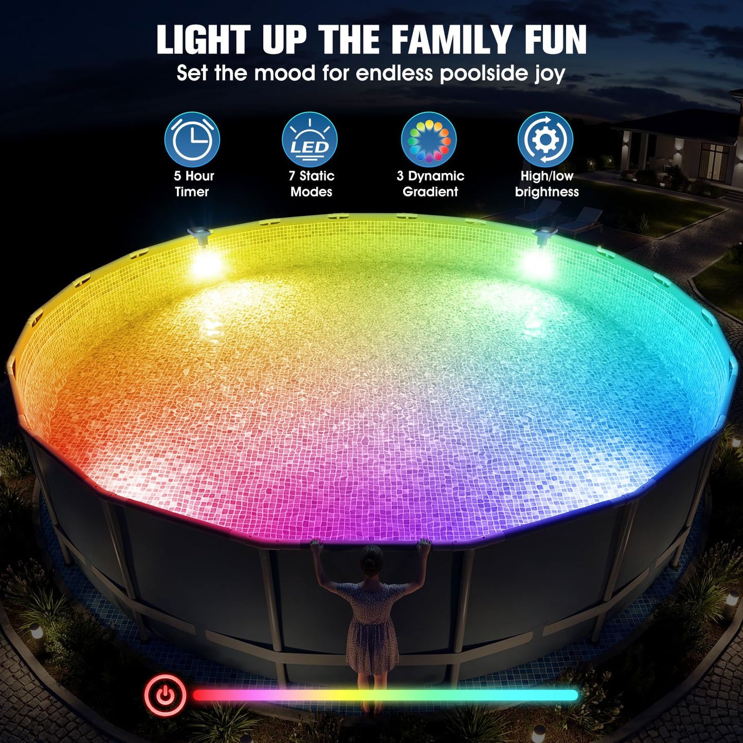LightHacker Solar Pool Lights for Metal Frame Above Ground Pool, Upgraded Solar Lights w/LCD Pool Thermometer,Underwater Led Lights for Pool Accessories,Swimming Pool Lighting with 10 Light Modes,1PC