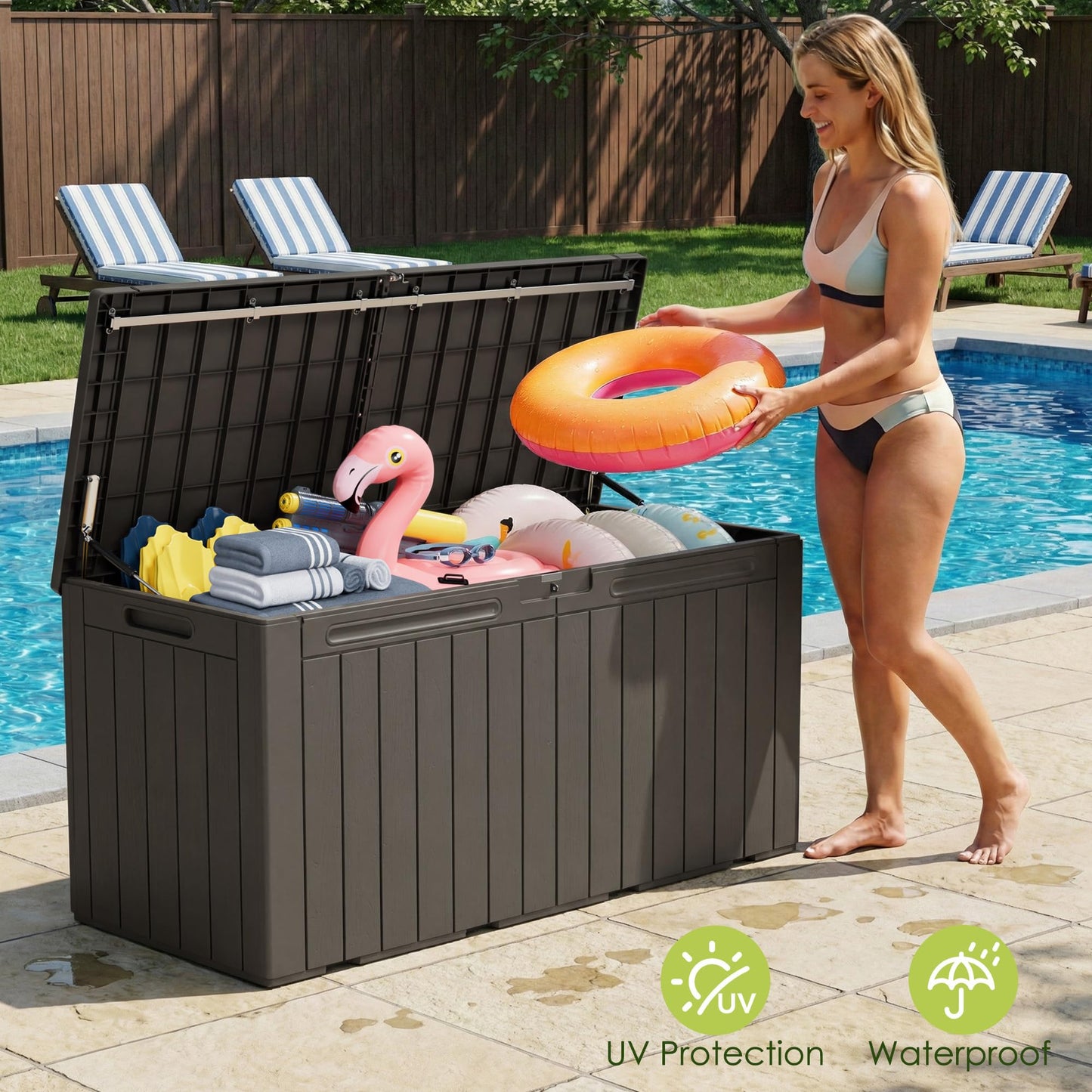 Devoko 100 Gallon Outdoor Storage Box, Waterproof Resin Deck Box for Patio Furniture, Lockable Container for Garden Cushions & Pool Supplies (Brown, 100 Gallon)