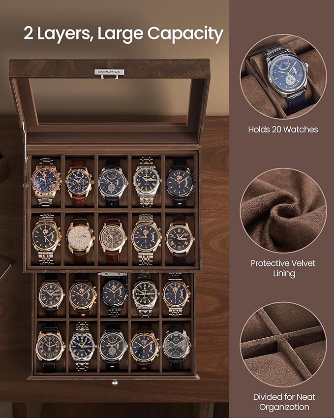 SONGMICS Watch Box, 20-Slot Watch Case Organizer with Large Glass Lid, Removable Pillows, Metal Lock, Gift for Loved Ones, Coffee Brown Synthetic Leather, Coffee Brown Lining UJWB020KZ02S