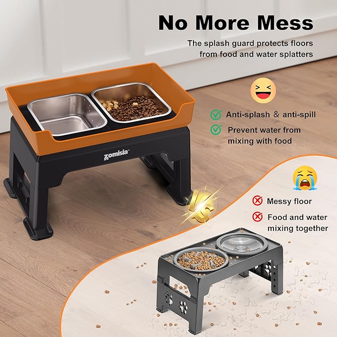 3-in-1 Elevated Dog Bowls Dual Layer - Mess Proof 6 Heights Adjustable Raised Dog Bowl Stand 6" to 16", Feeding Satioin with 1.6L Stainless Steel Bowls, Slow Feeder Plate, Medium to Large Pets